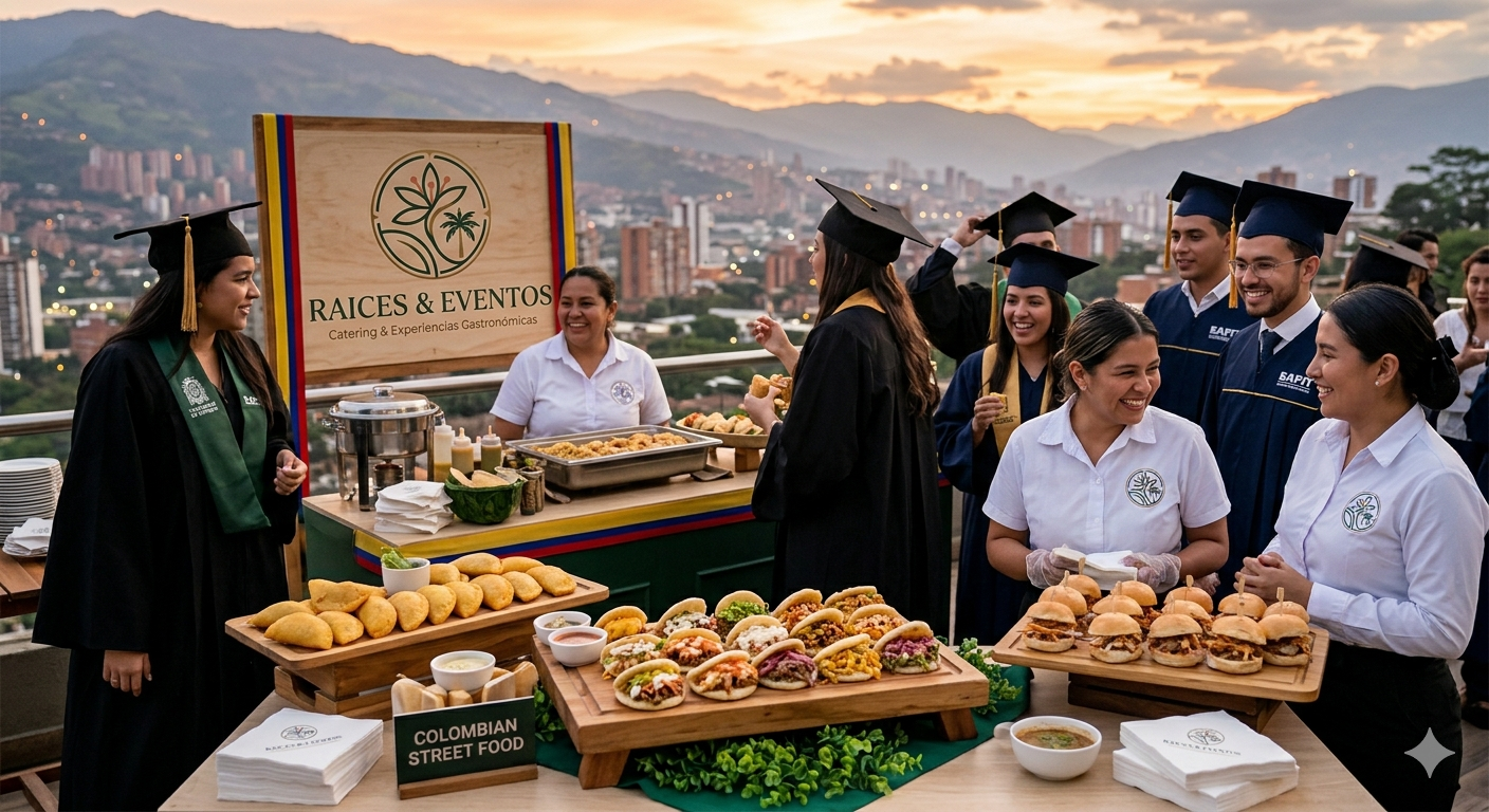 Equipo de Raíces & Eventos sirviendo en una graduación en Medellín